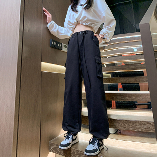 Actual shot of spring and autumn Korean style washed cotton loose straight high waist overalls casual sports pants wide leg pants for women