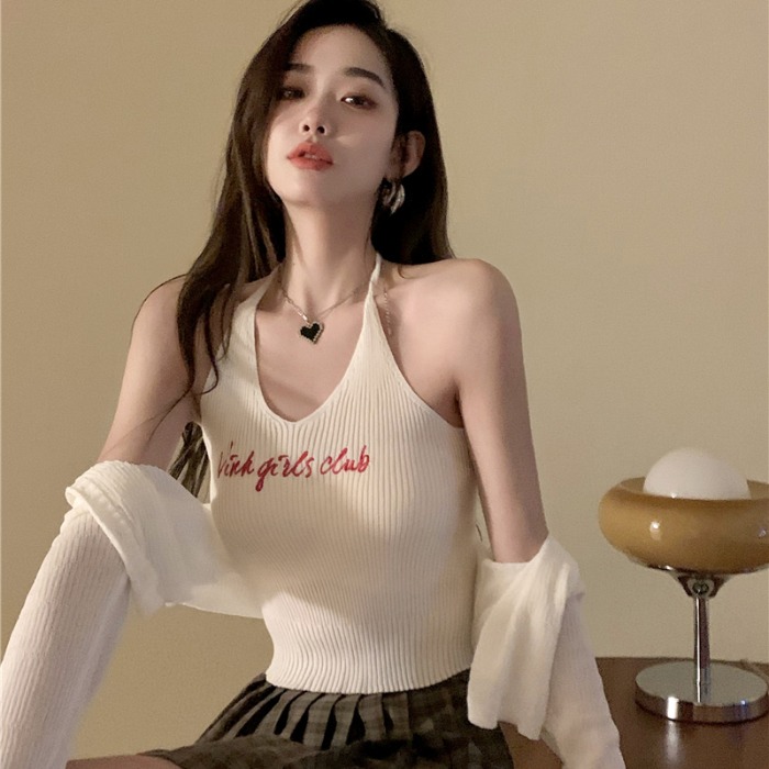 奶甜辣妹v領掛脖針織吊帶背心女性感內搭短款別致上衣ins超火外穿