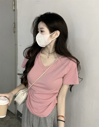 Real shot pure cotton pure desire v-neck short-sleeved t-shirt for women irregular slimming high-end hot girl right shoulder short top