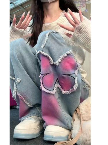 American Retro Butterfly Smudged Jeans Women's Autumn and Winter New Hot Girls High Waist Washed Straight Casual Floor-Mopping Pants