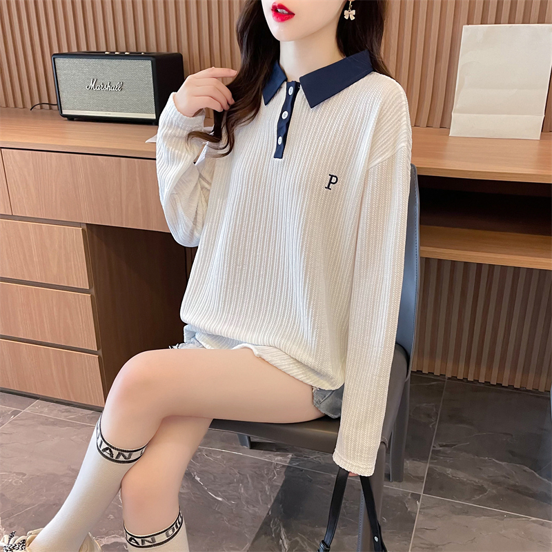 實拍 2024春季韓版寬鬆230克提花POLO領不規則大碼打底衫T恤女