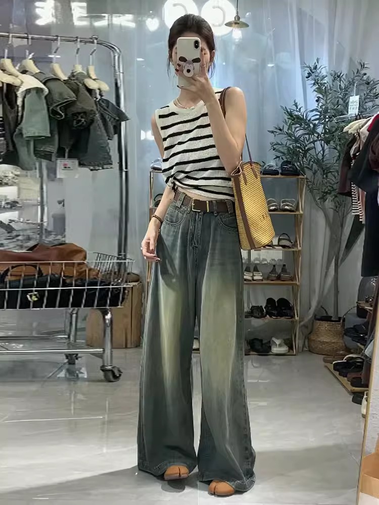 美式高街闊腿牛仔褲女復古水洗做舊垂感高腰寬鬆顯瘦直筒拖地長褲