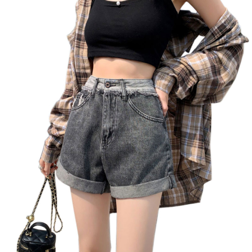 Designed denim straight shorts for women, new ins style loose wide-leg a-line hem high-waisted hot pants
