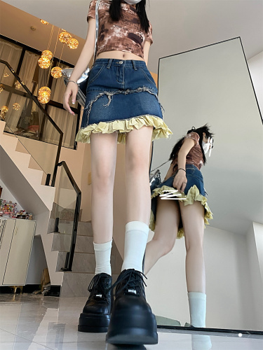 Real shot!  High-waisted denim skirt for women, niche design, irregular lace short skirt, bud skirt