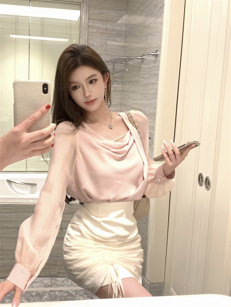Actual shot of French puff sleeves, swung collar, pearl-embellished shirt + mesh splicing drawstring skirt set
