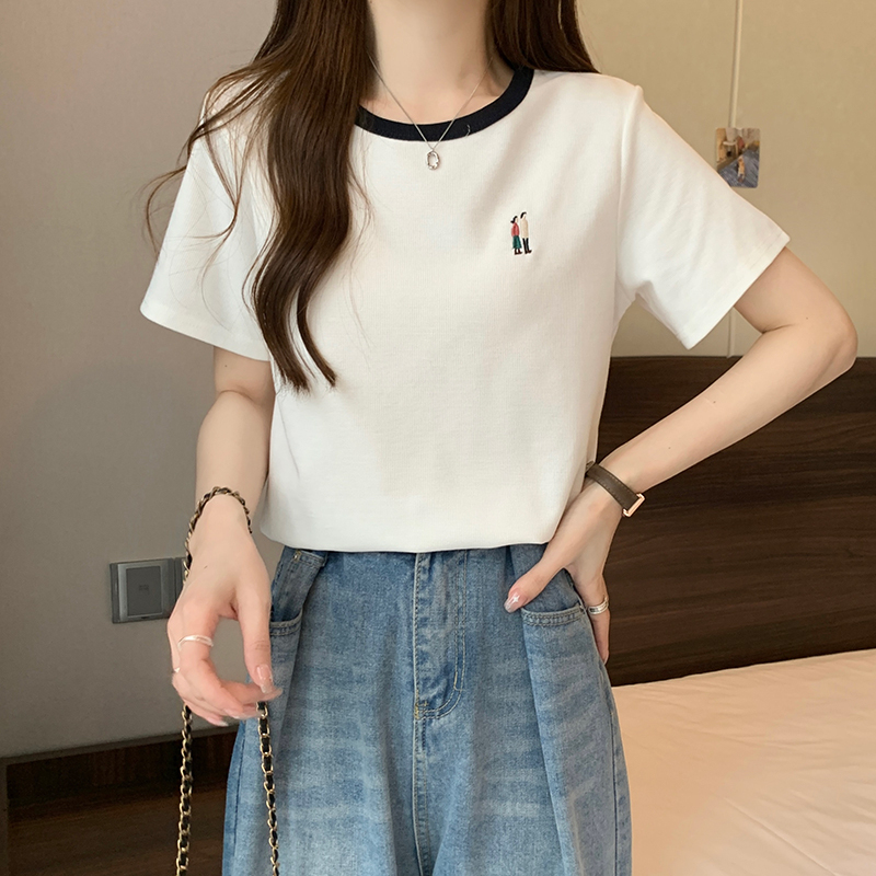 實拍 32支棉拉架夏裝韓版圓領寬鬆卡通刺繡大碼短袖T恤女
