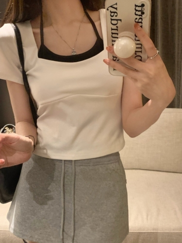 Real shot of pure cotton 2024 summer new style design right shoulder short sleeve t-shirt for women + suspenders