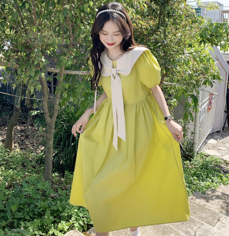 2024夏裝藝術生別致收腰裙小清新甜美泡泡袖連衣裙M-4XL200斤