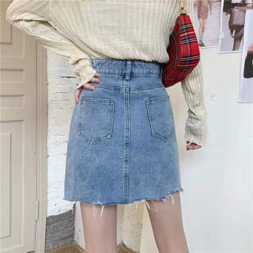 Raw edge denim skirt for women 2024 summer new Korean style high waist student A-line skirt versatile slimming short skirt