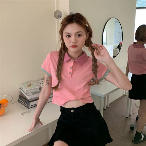Real shot of age-reducing short contrasting color polo shirt small lapel short-sleeved T-shirt women's top