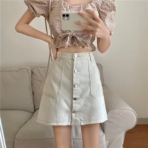 Designed letter slimming mid-length A-line slit hip skirt retro denim skirt for women spring and summer