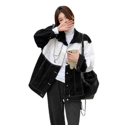 Real shot!  Denim jacket new Korean style ins trendy versatile loose casual black and white spliced ​​jacket top