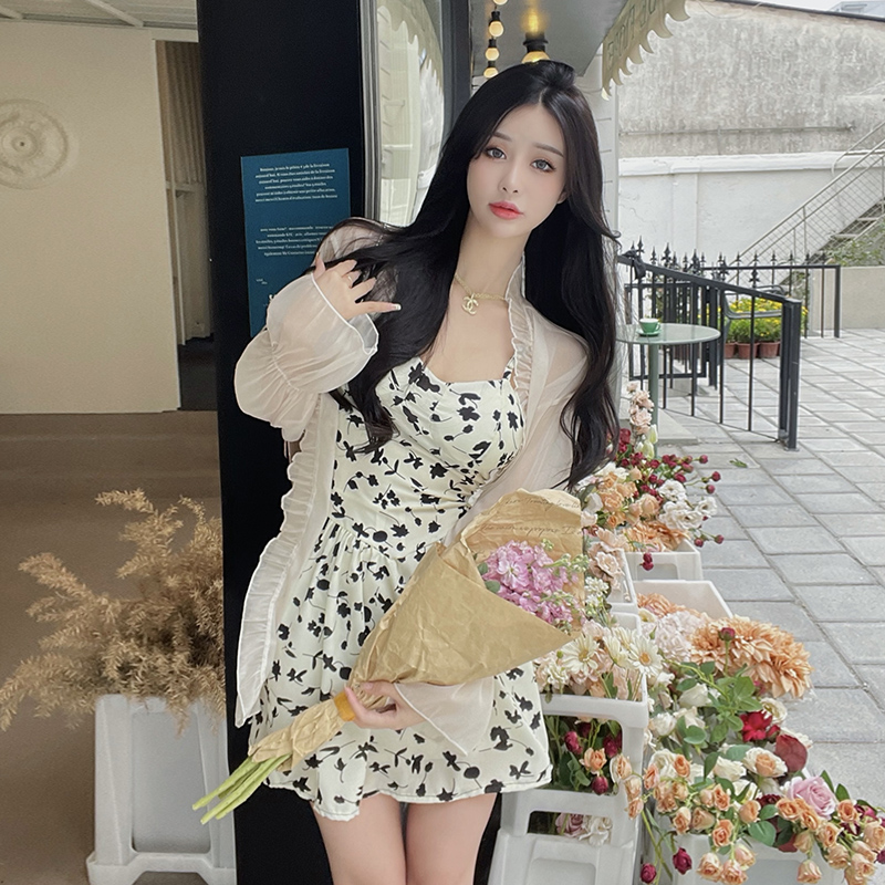 新款兩件套大碼女裝溫柔風碎花吊帶裙女夏新款法式連衣裙防曬襯衫