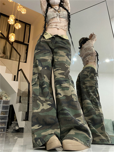 Real shot!  Cargo pants dopamine wear camouflage flesh-covering European and American high street cuffed design straight pants ins