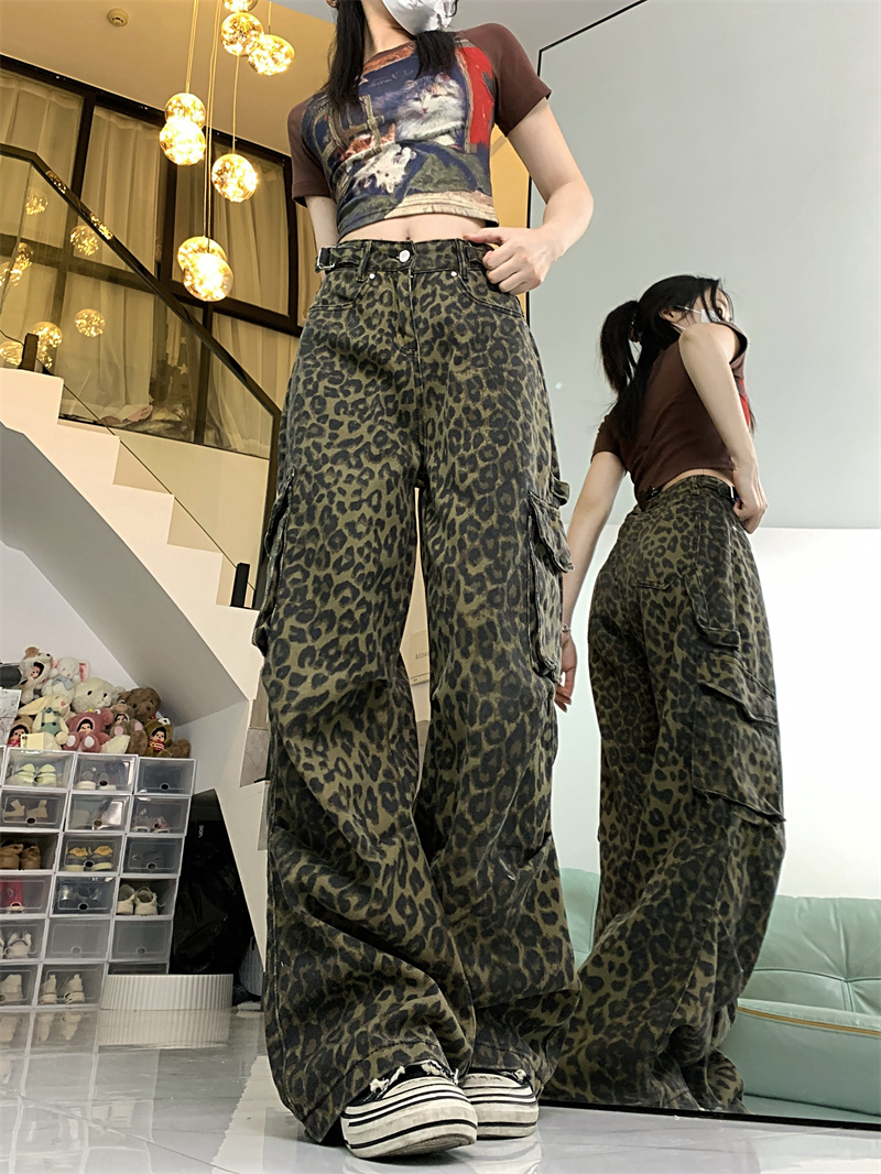 Real shot!  !  !  Leopard print pants American men's and women's overalls jeans wide leg straight loose retro