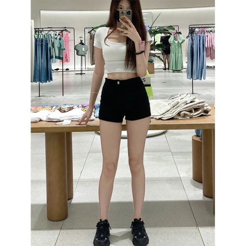 Black high-waisted denim shorts for women 2024 spring and summer new style fashionable and versatile hot girls slimming tight a-line hot pants