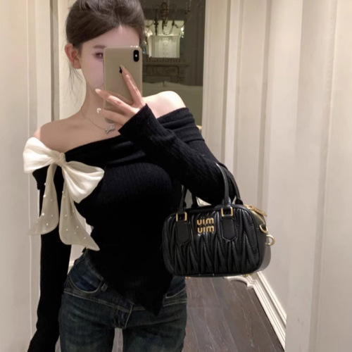 Spring and autumn temperament French off-shoulder top sweater small fragrant style one-shoulder bow sweater women's bottoming shirt