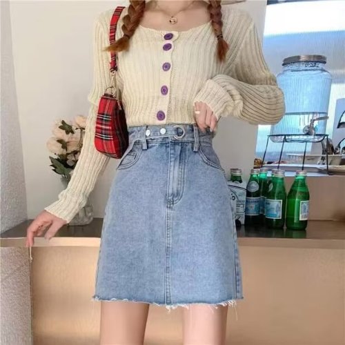 Raw edge denim skirt for women 2024 summer new Korean style high waist student A-line skirt versatile slimming short skirt