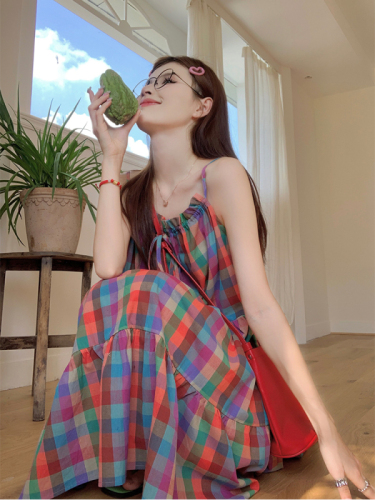 Real shot of dopamine playful girl Korean chic colorful plaid adjustable suspender dress