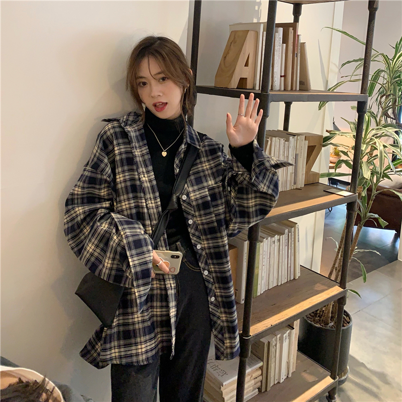 vintage美式復古藍色格子襯衫女春設計感小眾小個子oversize外套