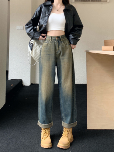 Real shot of retro jeans for women in spring 2024 new high-waist slim design wide-leg pants straight-leg trousers trendy