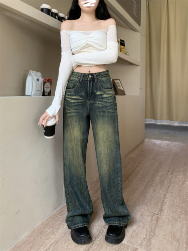 Actual shot ~ distressed yellow retro blue jeans for women new design niche loose slimming straight pants
