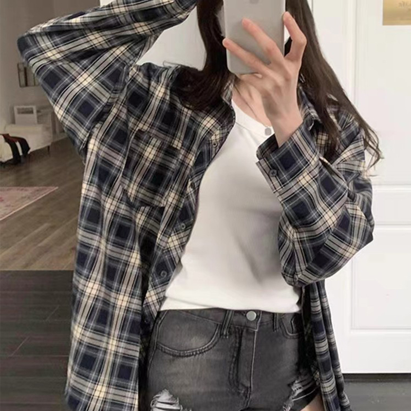 vintage美式復古藍色格子襯衫女春設計感小眾小個子oversize外套
