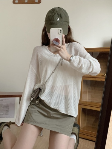 New Korean style design V-neck thin see-through sweater for women spring and summer light mature style loose top