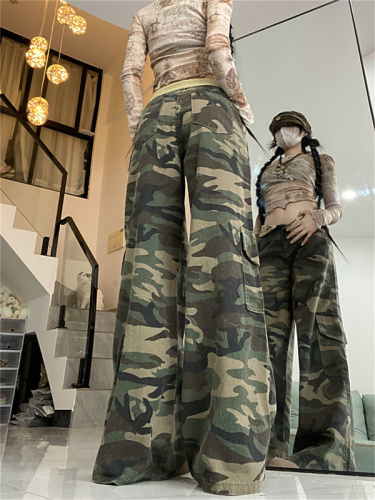 Real shot!  Cargo pants dopamine wear camouflage flesh-covering European and American high street cuffed design straight pants ins