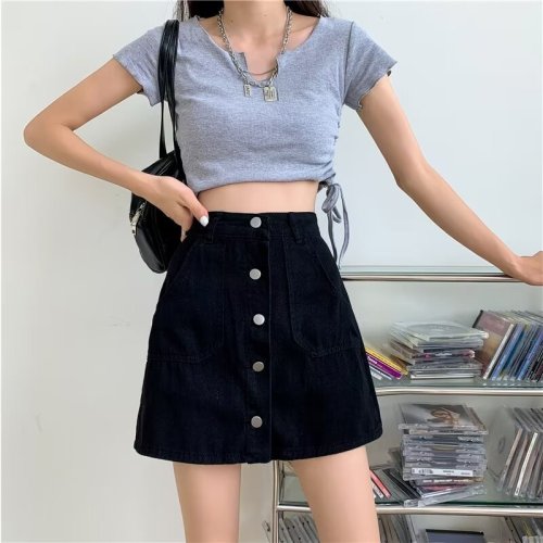 Designed letter slimming mid-length A-line slit hip skirt retro denim skirt for women spring and summer