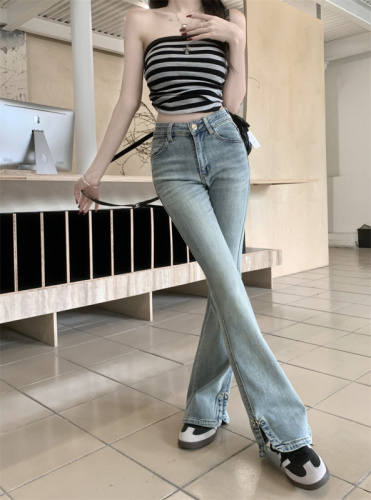 Actual shot of new high-waisted stretchy slightly slit slim fit versatile long jeans for women