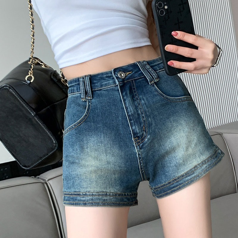 Retro denim shorts for women, American style distressed hot girl ins style high waisted A-line hip-covering slim stretch straight hot pants
