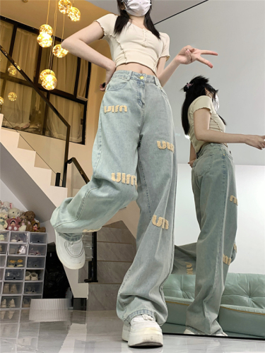 Real shot!  !  Letter embroidered straight jeans for women in autumn and winter new style small high waist slim casual long pants