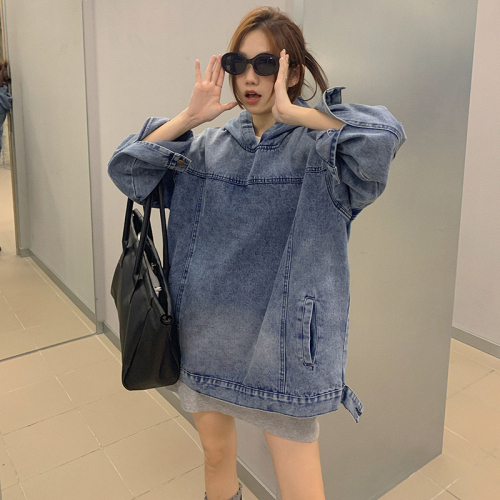 Real shot!  American distressed hooded denim sweatshirt jacket spring design retro loose pullover jacket