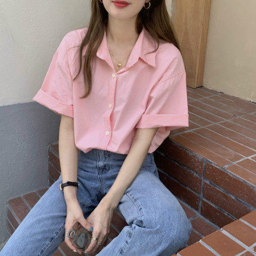 Actual shot of 2024 new summer Korean style design niche candy color loose and versatile short-sleeved shirt