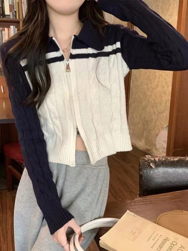 Gentle zipper polo collar knitted cardigan short top autumn women's design slim sweater jacket xf