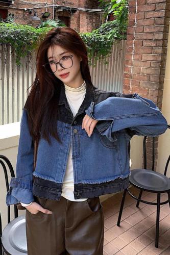 Real shot!  Retro Hong Kong style short spliced ​​denim jacket new style women's spring and autumn Korean style versatile jacket top