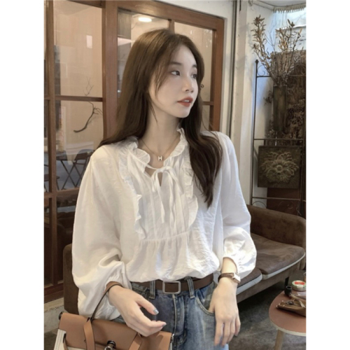 Actual shot of Korean-style temperament V-neck white long-sleeved top with straps and spliced ​​earring design loose shirt