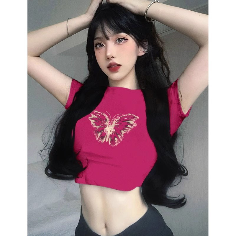純棉 高彈力火龍果色短袖夏季新款設計感法式甜美短款上衣