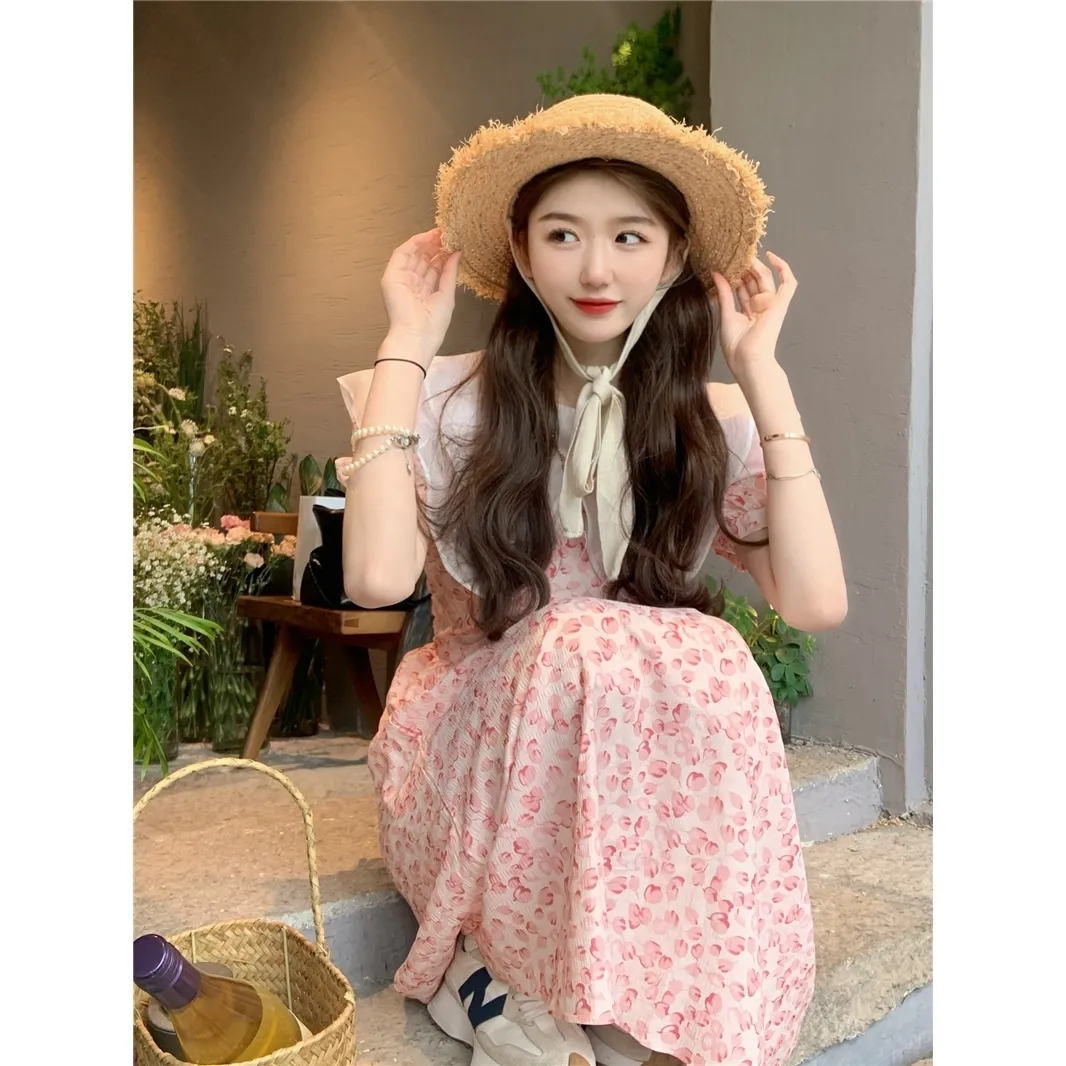 2024年夏季新款韓版甜美荷葉領拼接碎花連衣裙女小清新中長款裙子