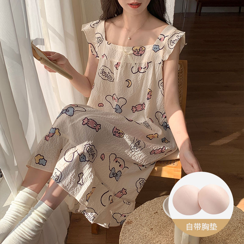 帶胸墊睡衣女夏季2024韓版新款小飛袖睡裙皺布家居服甜美可愛網紅