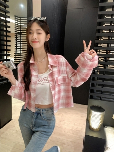 Pink plaid short-sleeved shirt for women summer American retro college style Polo collar hottie short top for women