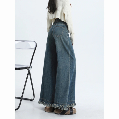 High waist retro dark and light blue design tassel wide leg jeans for women 2024 new loose floor mopping pants