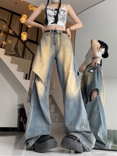 American retro gradient ripped jeans for women spring and autumn new design washed high waist wide leg floor mopping pants