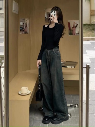 Cement gray wide leg jeans for women early spring 2024 high waist pleated retro straight leg loose drape floor mopping pants