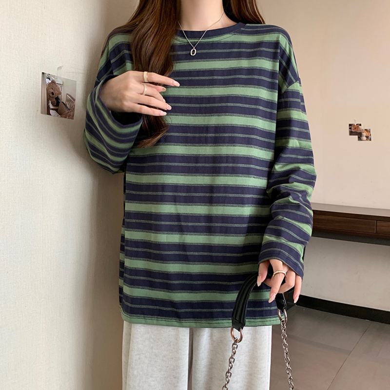 實拍 2024春季韓版寬鬆純棉圓領條紋大碼打底衫長袖T恤女