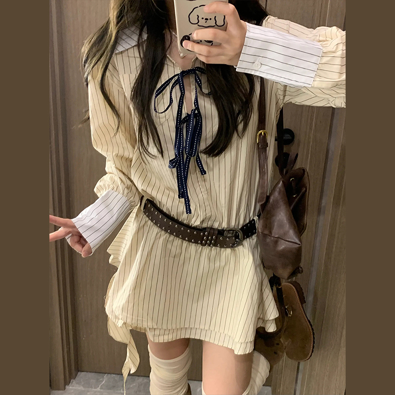 2024新款春裝學院風條紋襯衫連衣裙子女早春季茶系穿搭一整套短裙