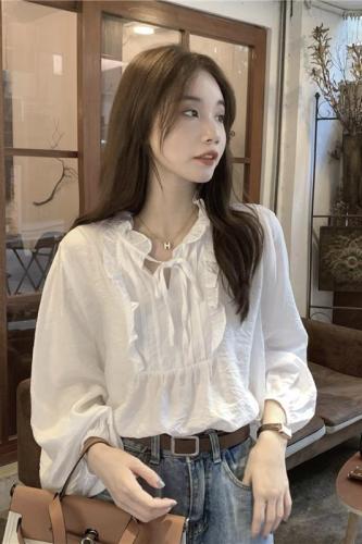 Actual shot of Korean-style temperament V-neck white long-sleeved top with straps and spliced ​​earring design loose shirt