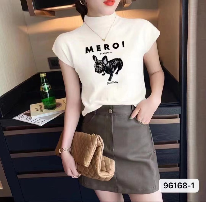 夏季新款設計感獨特别致半高領狗狗印花正肩短袖上衣女