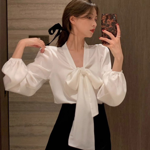 Spring and Autumn Korean style loose and versatile bow new strap design niche shirt tops for women